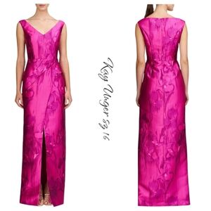 Kay Unger Astrid Floral Satin Column Gown Vivid Berry Pink Maxi Dress Sz 16